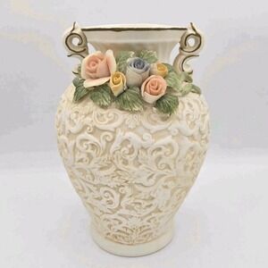 Capodimonte Vintage Textured Vase With Floral  Rose Design‎ Handles 8" Tall
